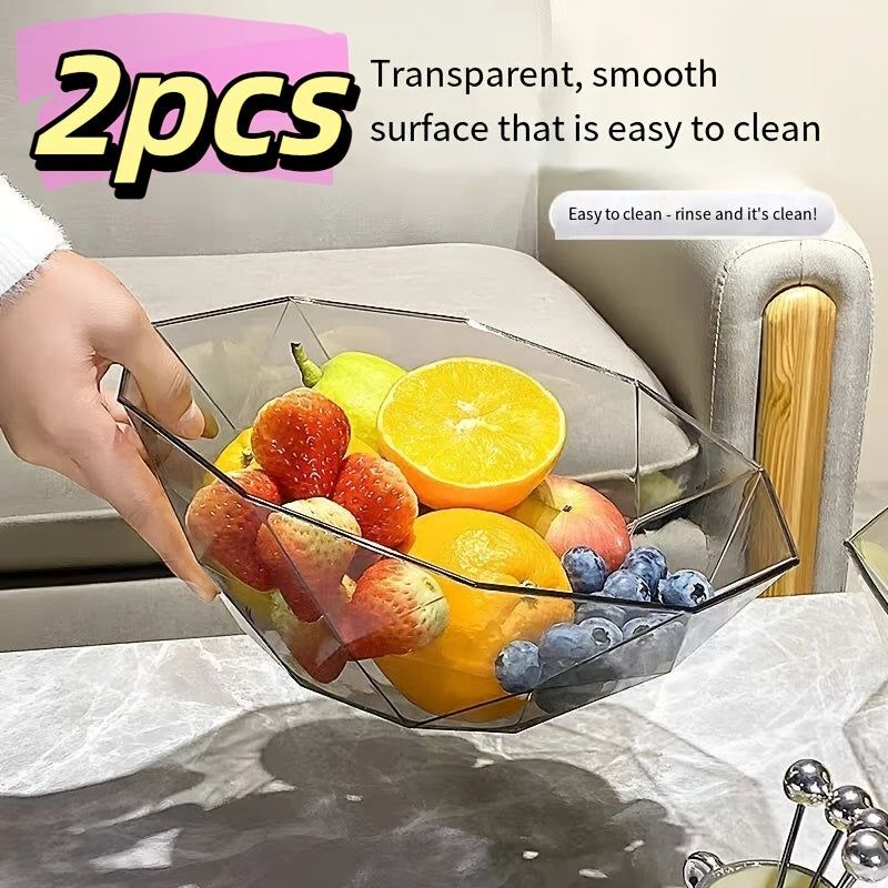 2 Pack Luxury Crystal Plastic Fruit Bowl, Modern Light Luxury Serving Tray for Snacks, Candy, Salad, Elegant Home Decor Fruit Platter for Living Room Kitchen