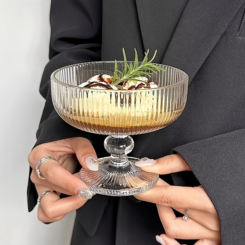 2pcs Glass Bowl 1pc\u002F2pcs Transparent Glass Dessert Bowl with Spoon | Stripe Pattern, Hand Wash Only, Reusable, Multipurpose, for Ice Cream, Fruit, Salad, Cocktail, Dessert