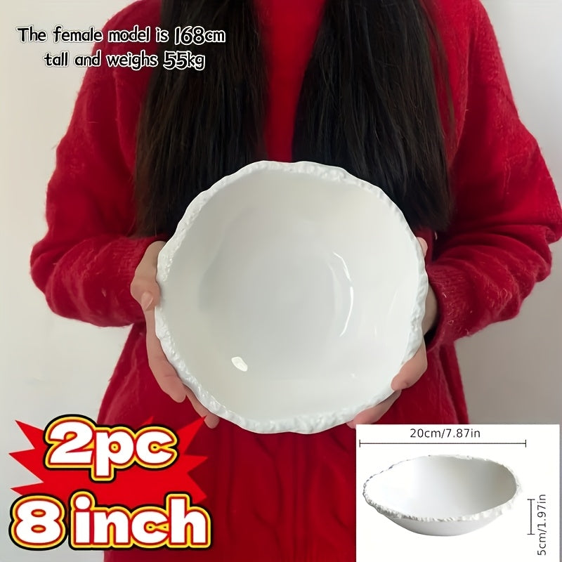 1\u002F2pcs Elegant White Ceramic Bowl with Rock Pattern – Perfect for Soup, Noodles & Salad – Premium Tableware for Home, Restaurants, And Hotels