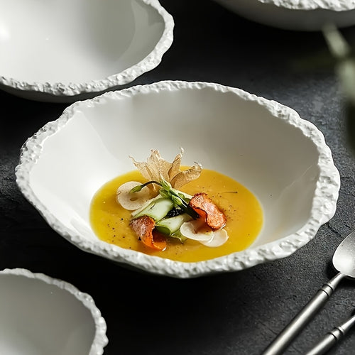 1\u002F2pcs Elegant White Ceramic Bowl with Rock Pattern – Perfect for Soup, Noodles & Salad – Premium Tableware for Home, Restaurants, And Hotels