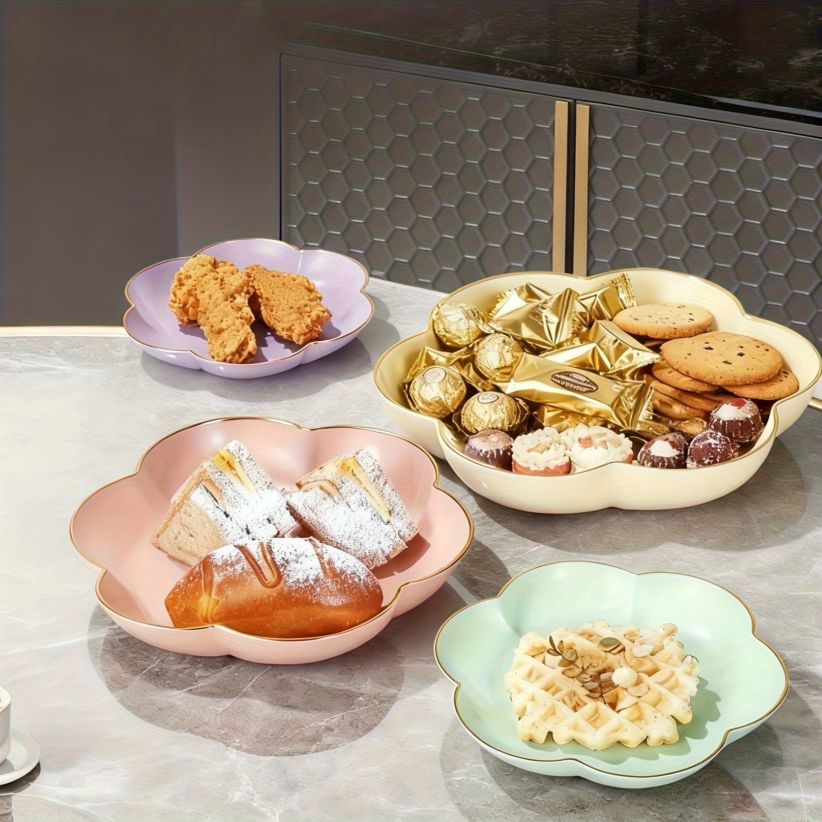 3pcs Set Gold-Edged Floral Fruit Bowl | Round Plastic Design For New Year'S Celebrations