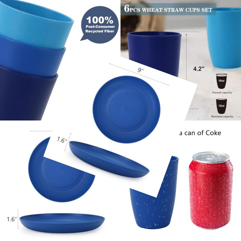 omcri22-Piece Kitchen Dinnerware Set - 12 OZ Wheat Straw Cups and 9 inch Unbreakable Dinner Plates and 26 OZ Cereal Bowls Stackable Plates and Bowls Set with Plastic Cups