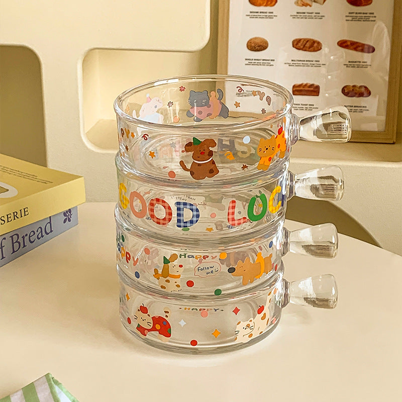 Adorable Glass Bowl Featuring a Puppy And Cat Design, Perfect for Home Use As a Fruit Salad Dish. This New Model for 2025 Boasts High Aesthetic Appeal And Is Styled for Instagram-Worthy Desserts