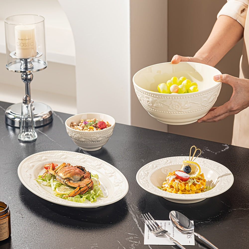 26pcs Heavy-Duty Milk White Ceramic Dinnerware Set Suitable for Household, Restaurants & Hotels - Oven & Microwave Safe Round Plates & Bowls with Elegant Tableware, Ovenproof for, Microwaveable for Reheating, Holiday Table Setting